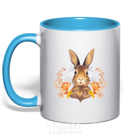 Mug with a colored handle Autumn hare sky-blue фото
