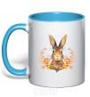 Mug with a colored handle Autumn hare sky-blue фото