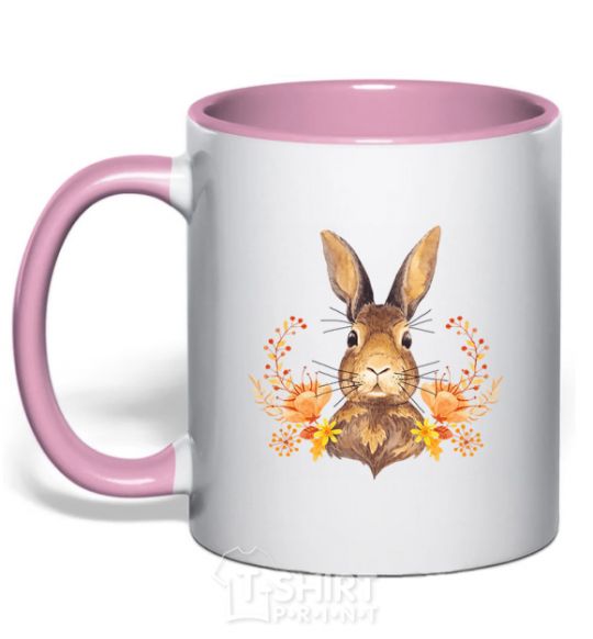 Mug with a colored handle Autumn hare light-pink фото