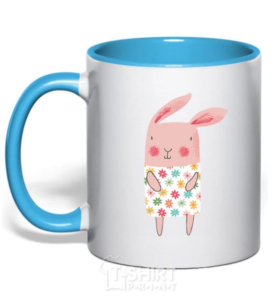 Mug with a colored handle Крольчиха в платье sky-blue фото