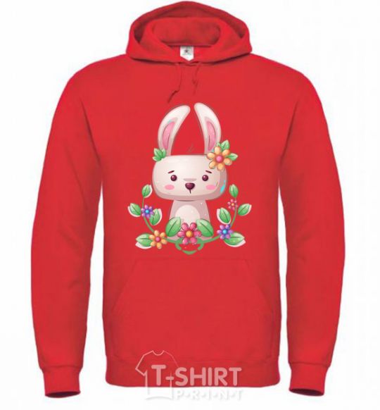 Men`s hoodie Cute bunny with flowers bright-red фото