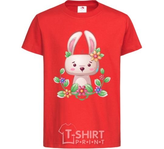 Kids T-shirt Cute bunny with flowers red фото