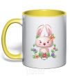 Mug with a colored handle Cute bunny with flowers yellow фото