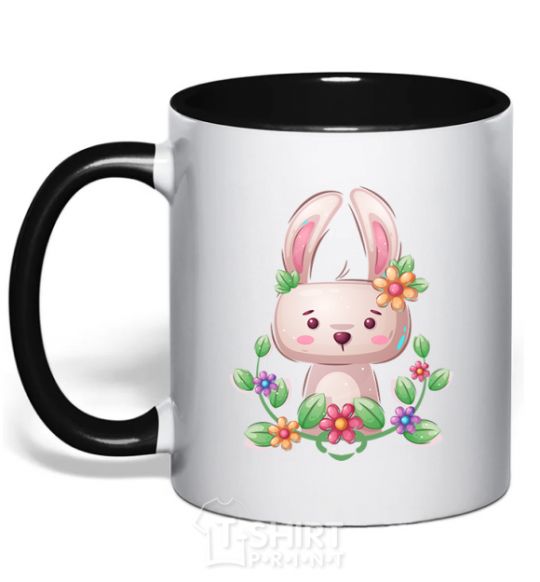 Mug with a colored handle Cute bunny with flowers black фото