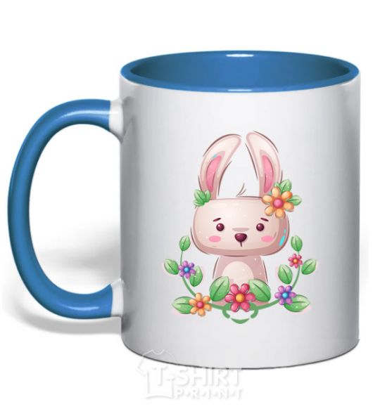 Mug with a colored handle Cute bunny with flowers royal-blue фото