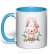 Mug with a colored handle Cute bunny with flowers sky-blue фото