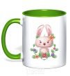 Mug with a colored handle Cute bunny with flowers kelly-green фото