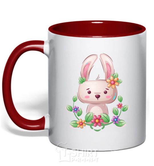 Mug with a colored handle Cute bunny with flowers red фото