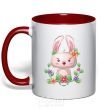 Mug with a colored handle Cute bunny with flowers red фото