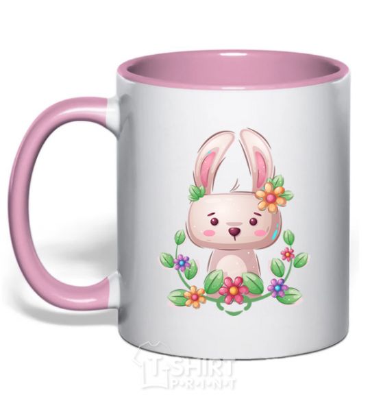 Mug with a colored handle Cute bunny with flowers light-pink фото