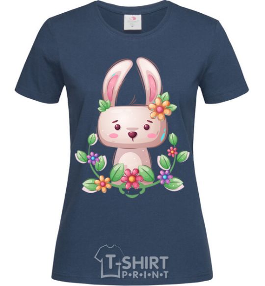 Women's T-shirt Cute bunny with flowers navy-blue фото