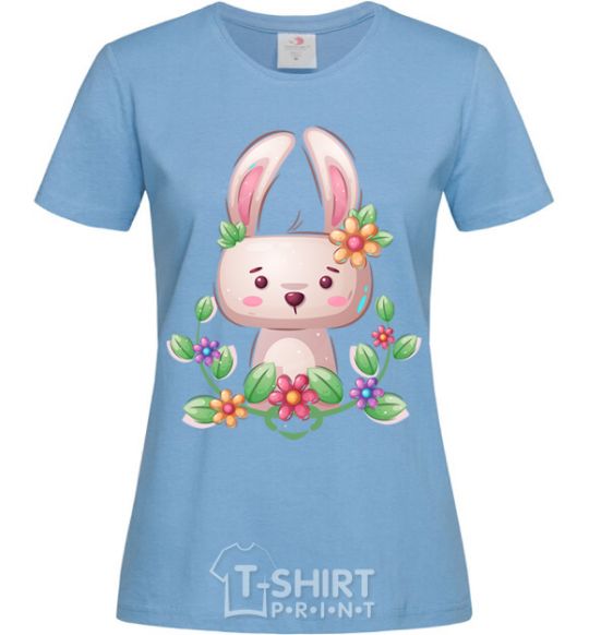 Women's T-shirt Cute bunny with flowers sky-blue фото