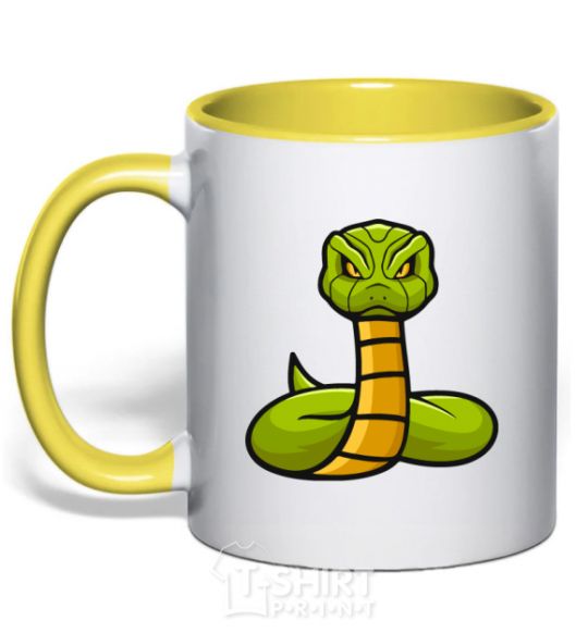 Mug with a colored handle Green rattlesnake yellow фото