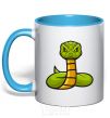 Mug with a colored handle Green rattlesnake sky-blue фото