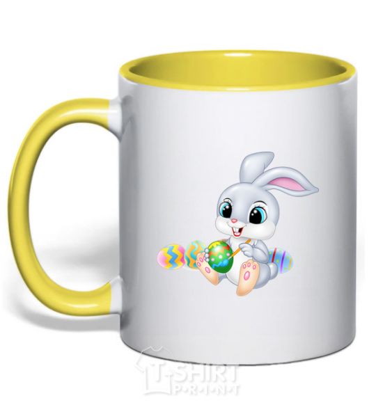 Mug with a colored handle The Easter Bunny yellow фото