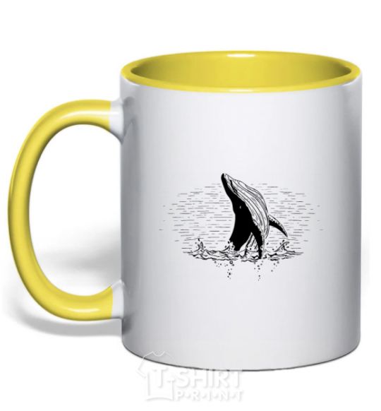 Mug with a colored handle A whale in the waves yellow фото