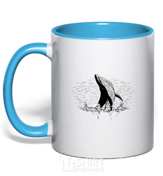 Mug with a colored handle A whale in the waves sky-blue фото