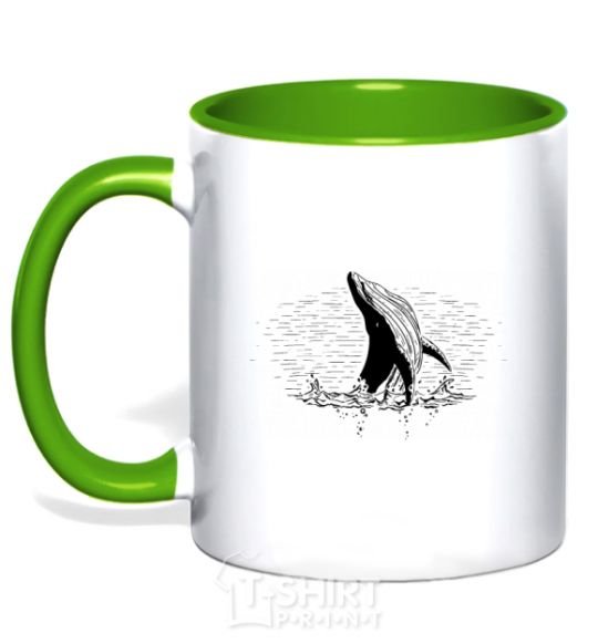 Mug with a colored handle A whale in the waves kelly-green фото