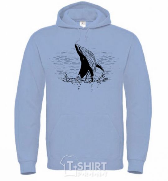 Men`s hoodie A whale in the waves sky-blue фото