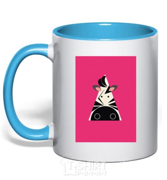 Mug with a colored handle A zebra in a raspberry rectangle. sky-blue фото