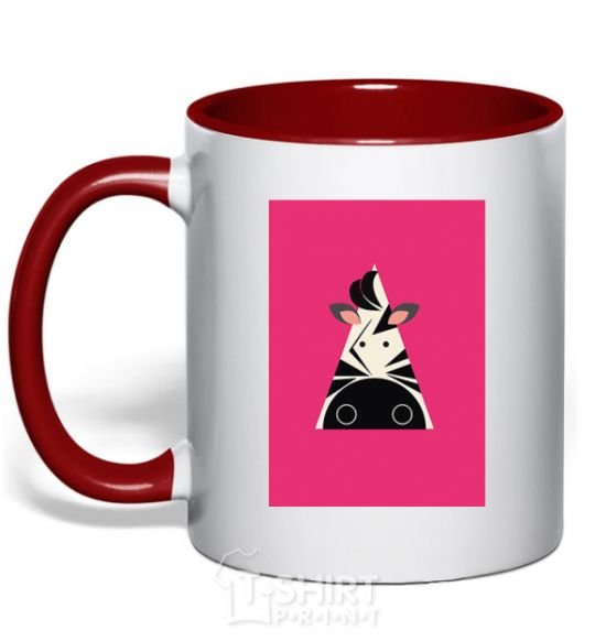 Mug with a colored handle A zebra in a raspberry rectangle. red фото