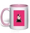 Mug with a colored handle A zebra in a raspberry rectangle. light-pink фото