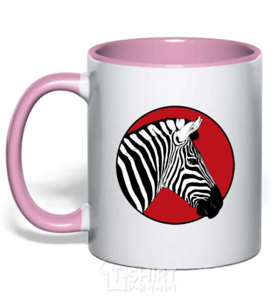 Mug with a colored handle A zebra in a red circle light-pink фото