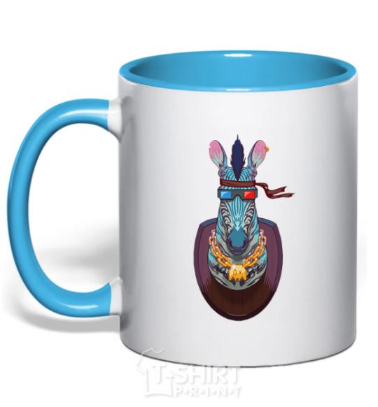 Mug with a colored handle Zebra head trophy sky-blue фото