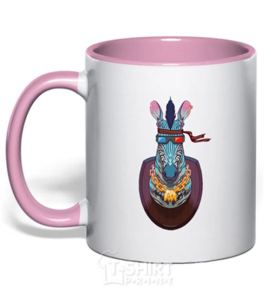 Mug with a colored handle Zebra head trophy light-pink фото