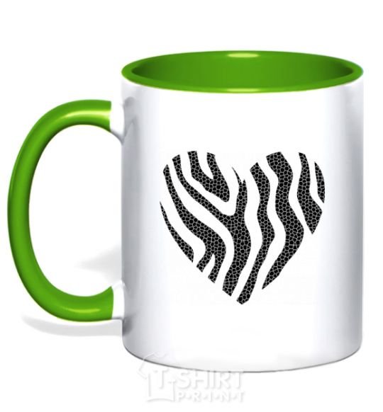 Mug with a colored handle Heart zebra cracks kelly-green фото
