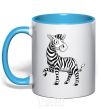 Mug with a colored handle A cartoon zebra sky-blue фото
