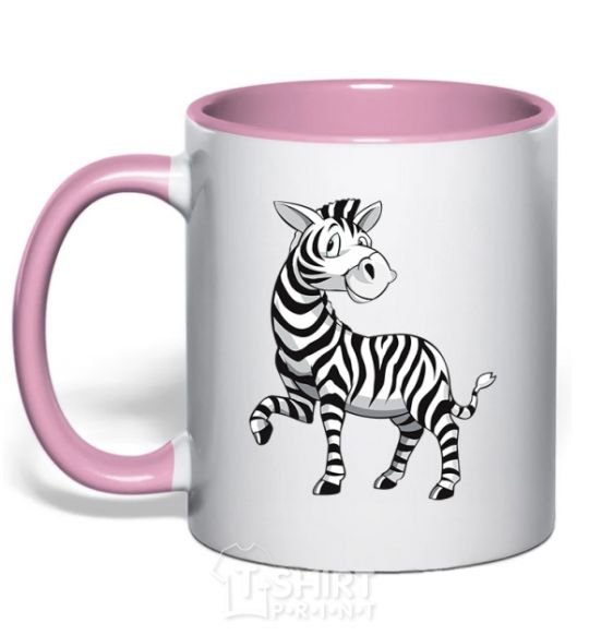 Mug with a colored handle A cartoon zebra light-pink фото