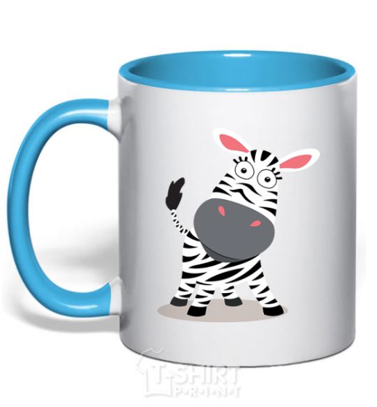Mug with a colored handle A surprised zebra sky-blue фото
