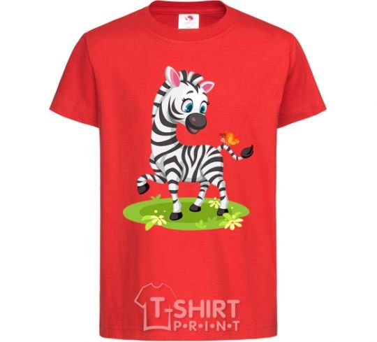 Kids T-shirt A zebra with a butterfly red фото