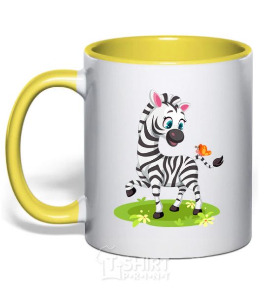 Mug with a colored handle A zebra with a butterfly yellow фото