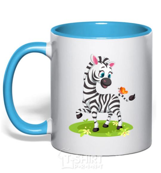 Mug with a colored handle A zebra with a butterfly sky-blue фото