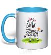 Mug with a colored handle A zebra with a butterfly sky-blue фото