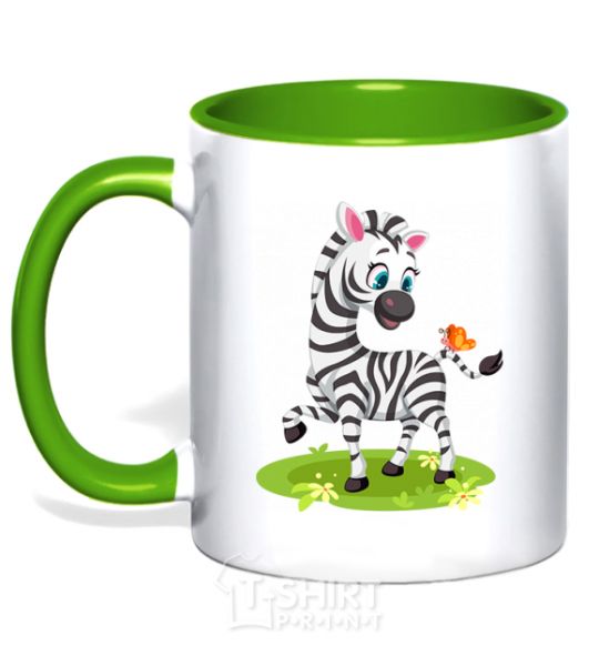 Mug with a colored handle A zebra with a butterfly kelly-green фото