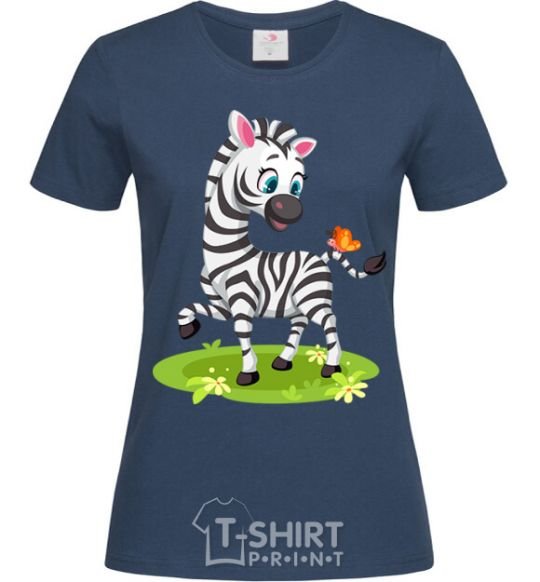 Women's T-shirt A zebra with a butterfly navy-blue фото