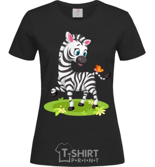 Women's T-shirt A zebra with a butterfly black фото