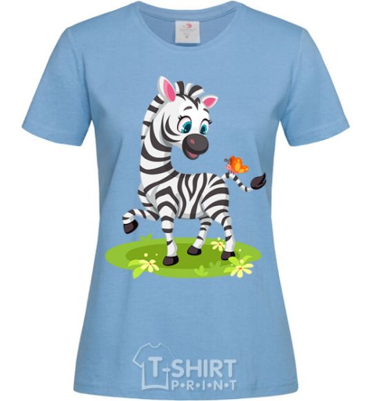 Women's T-shirt A zebra with a butterfly sky-blue фото