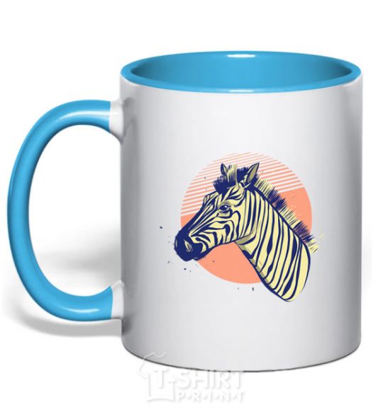 Mug with a colored handle A zebra in an orange circle sky-blue фото