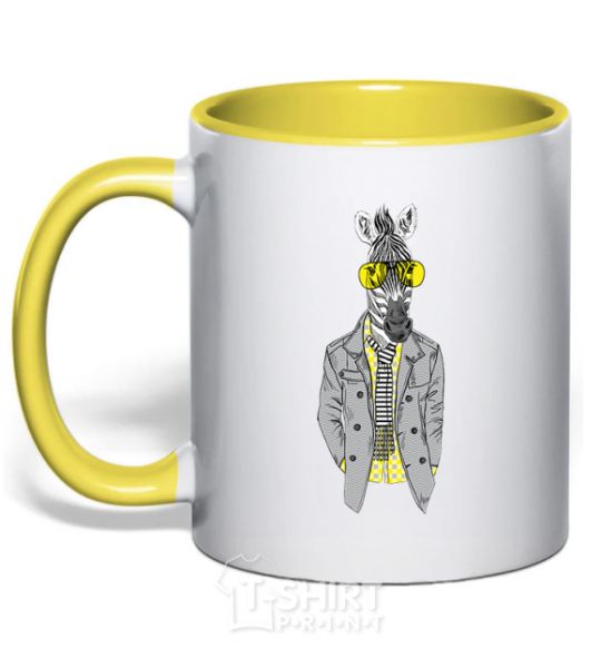 Mug with a colored handle Cool zebra yellow фото