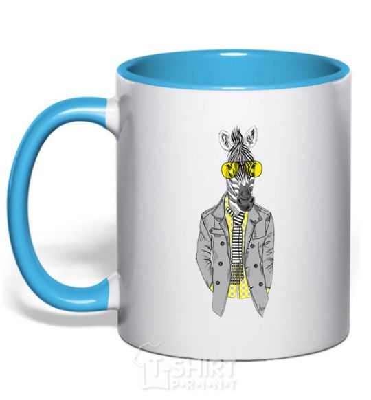 Mug with a colored handle Cool zebra sky-blue фото