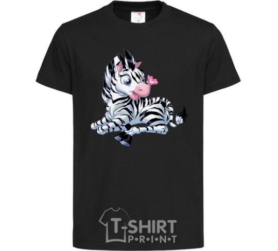 Kids T-shirt A zebra with a butterfly on its nose black фото