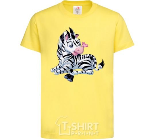 Kids T-shirt A zebra with a butterfly on its nose cornsilk фото