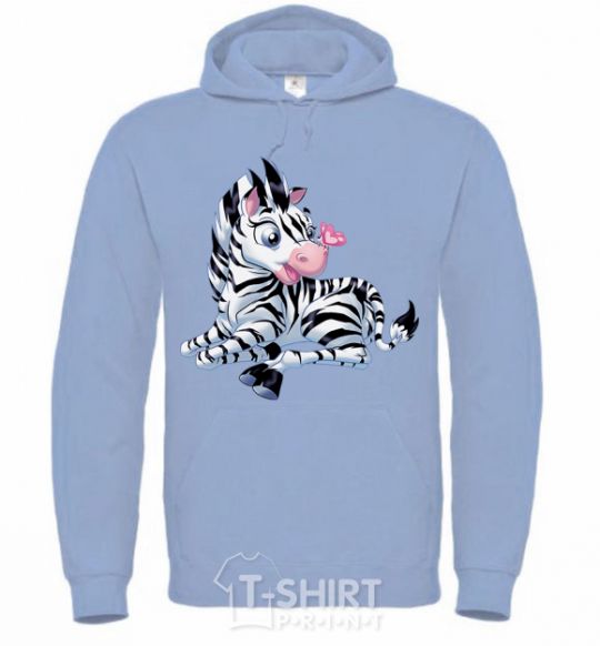 Men`s hoodie A zebra with a butterfly on its nose sky-blue фото