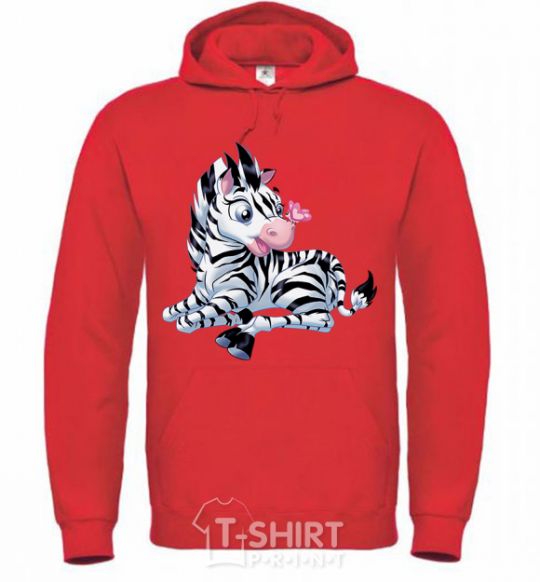 Men`s hoodie A zebra with a butterfly on its nose bright-red фото