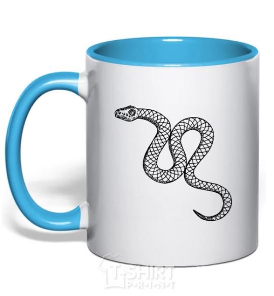 Mug with a colored handle The snake crawls sky-blue фото