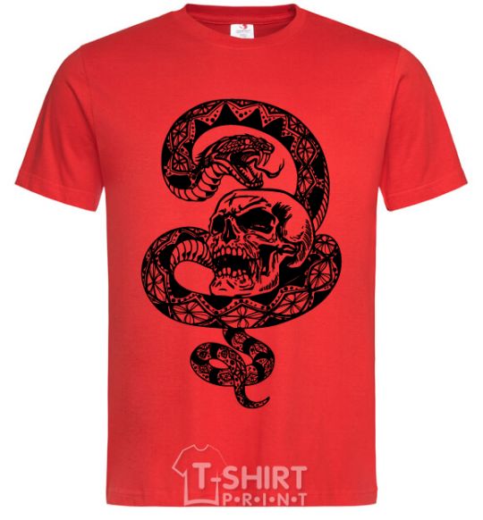 Men's T-Shirt A snake with a pattern and a skull red фото